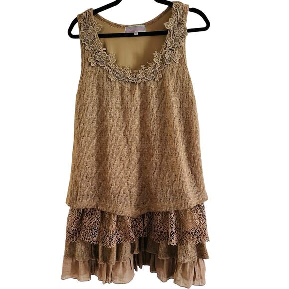 PRETTY ANGEL Knit Crochet Lace Layered Lagenlook Fairycore Mini Dress Sash Sz M - Picture 1 of 7